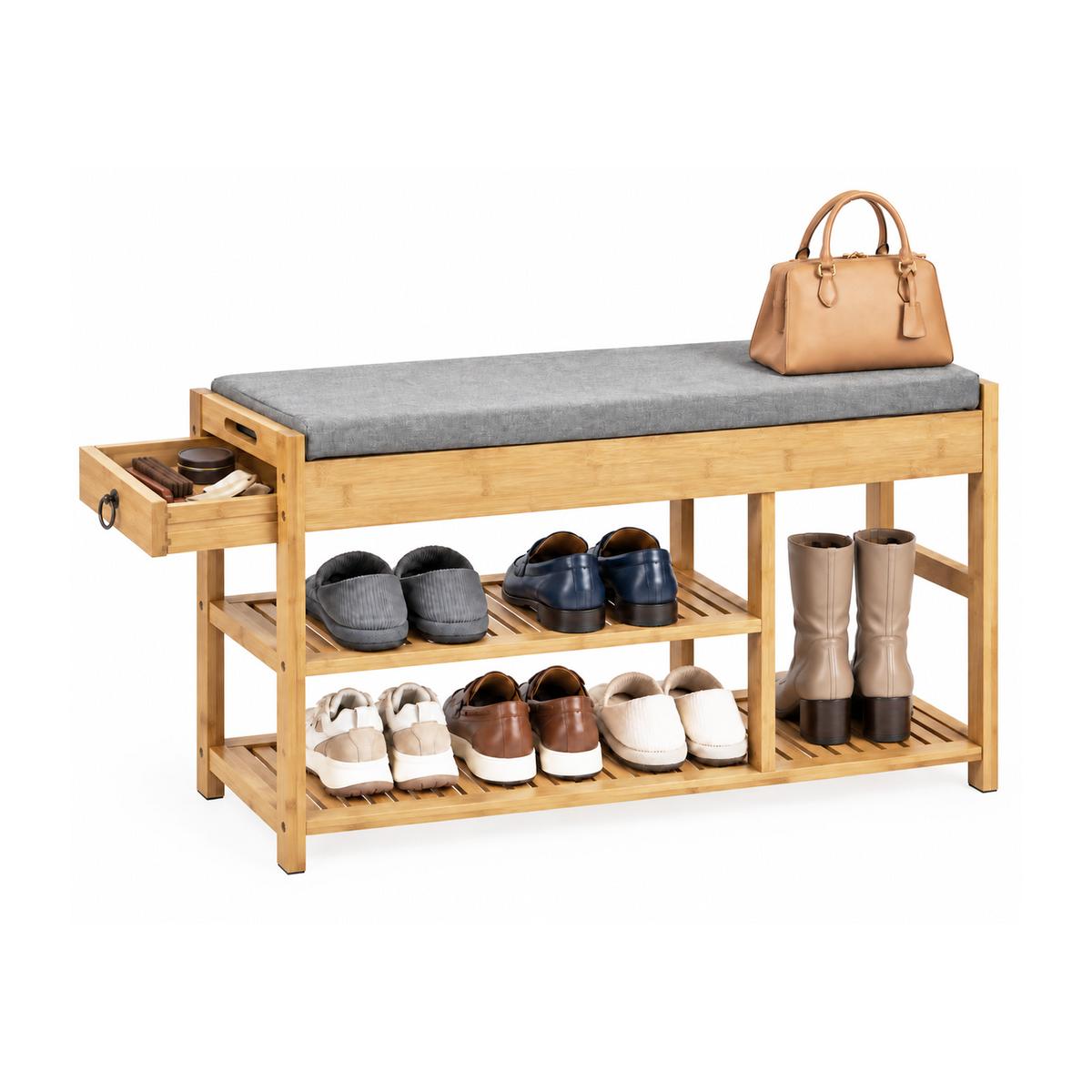 SCHUHBANK Natur, 90 x 45 x 30 cm, bis 150 kg, 2 Schubladen und 2 Fächer für Schuhe - Naturfarben, Holz (90/45/30cm) - SoBuy