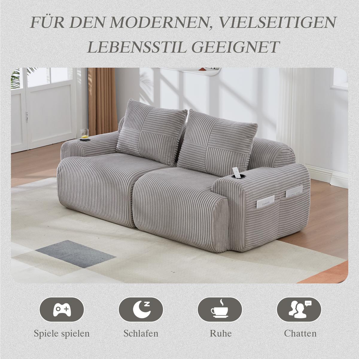 2-SITZER SOFA Modulares Mit Getränkehalter & Stauraum - Hellgrau, Textil (200/80/99cm) - Urban Meuble