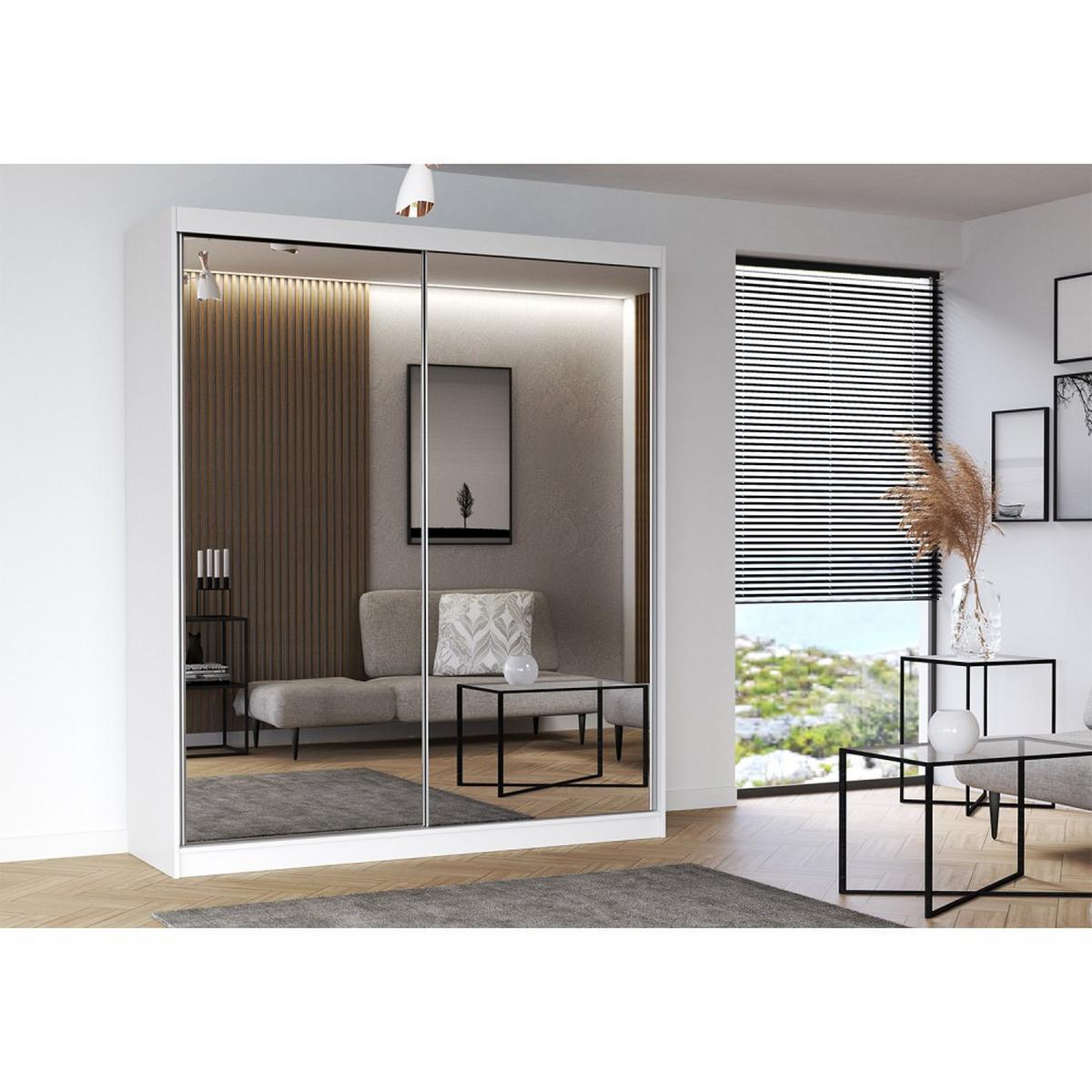 SCHWEBETÜRENSCHRANK MULTI 20 Weiß/Weiß + Spiegel, ohne LED Beleuchtung 203 cm - Alufarben/Weiß, Glas/Holz (203/218/61cm) - imoebel24