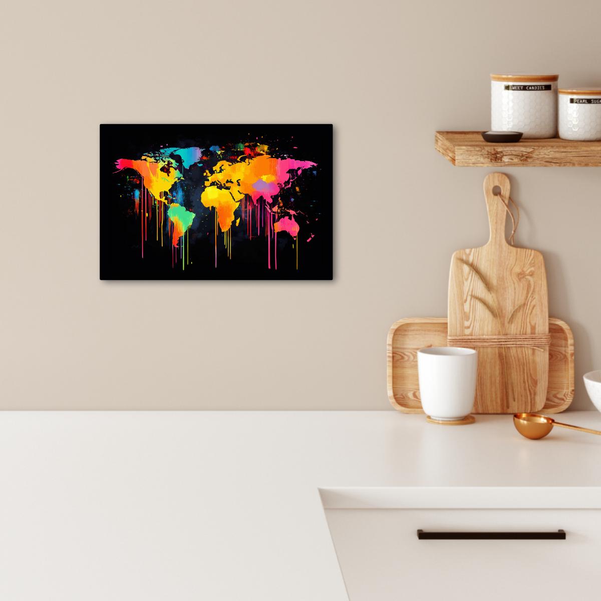 LEINWANDBILD Weltkarte - Farbe - Bunt - Graffiti - Welt Deko Schlafzimmer 30x20 cm - Multicolor, Textil (30/20cm) - MuchoWow