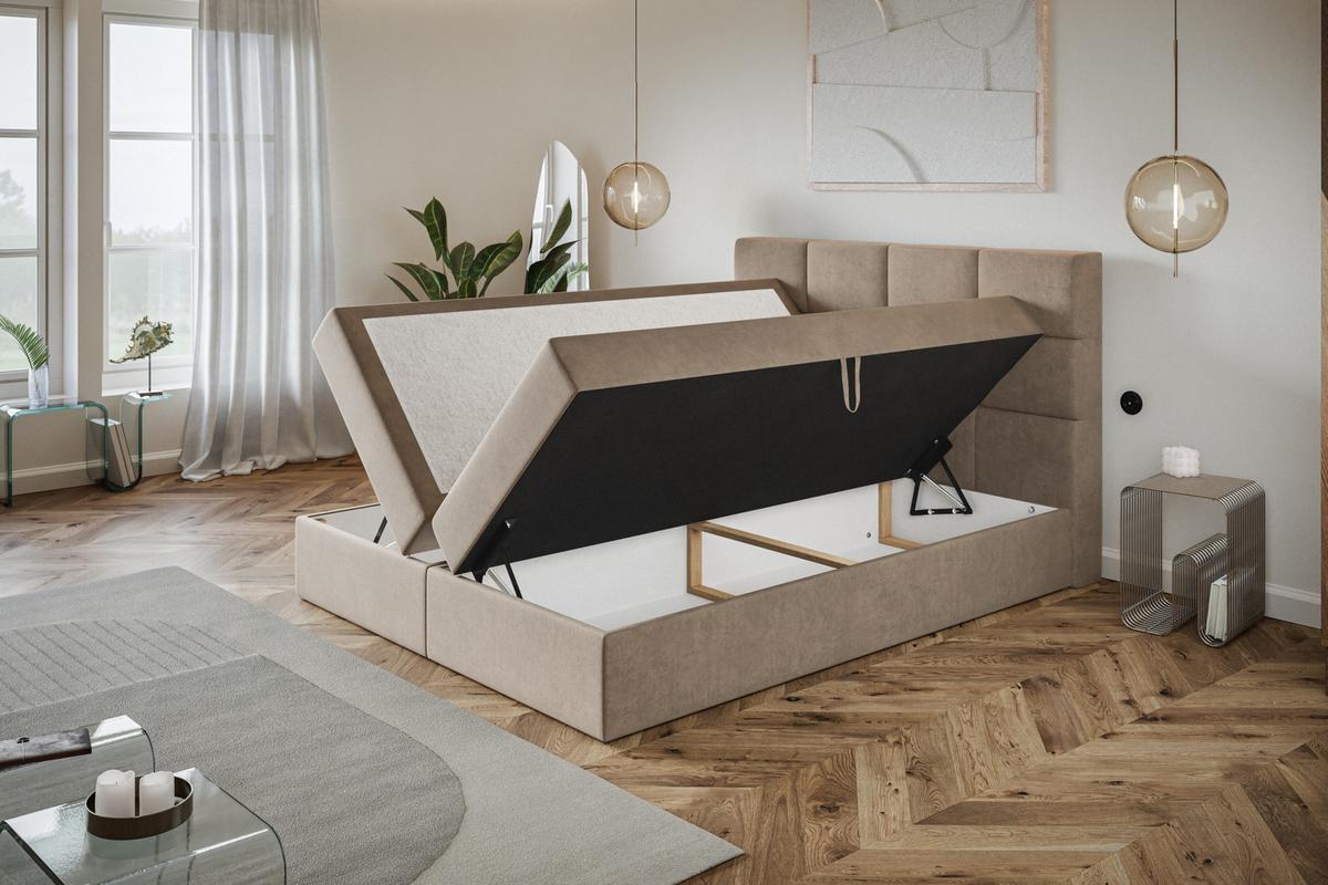 BOXBETT ROMA mit 2 Bettkästen, 180x200, Farbe: Sand, Velourstoff, Doppelbett mit Bonell-Matratze - Sahara, Holz/Kunststoff (180/200cm) - Alpi-Möbel