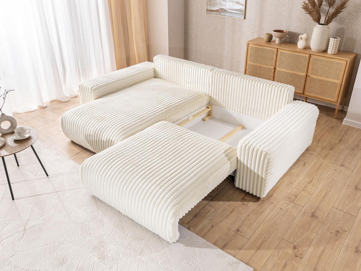 ECKSOFA Mollis Hellbeige Plüschcord - Ottomane Links - Beige/Schwarz, Holz/Kunststoff (255/168cm) - S-Style Möbel