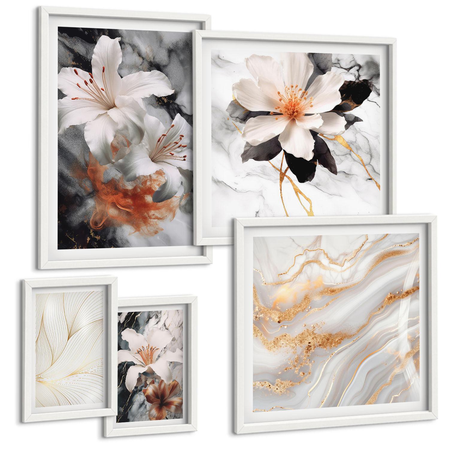 BILDER SET 5er Set - 50x50 cm & 20x30 cm & 40x60 cm Weißer Rahmen - Blumen Marmor weiß schwarz - Weiß, Kunststoff (40/60cm) - TULUP