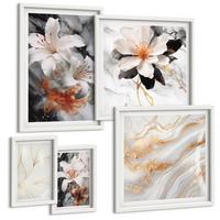 BILDER SET 5er Set - 50x50 cm & 20x30 cm & 40x60 cm Weißer Rahmen - Blumen Marmor weiß schwarz - Weiß, Kunststoff (40/60cm) - TULUP