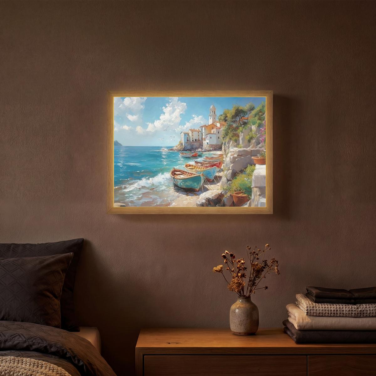 WANDLEUCHTE MIT AKKU Boote - Felsen - Meer - Sonne 40x30 cm - Blau, Holzwerkstoff (40/30/8cm) - OnlyWow