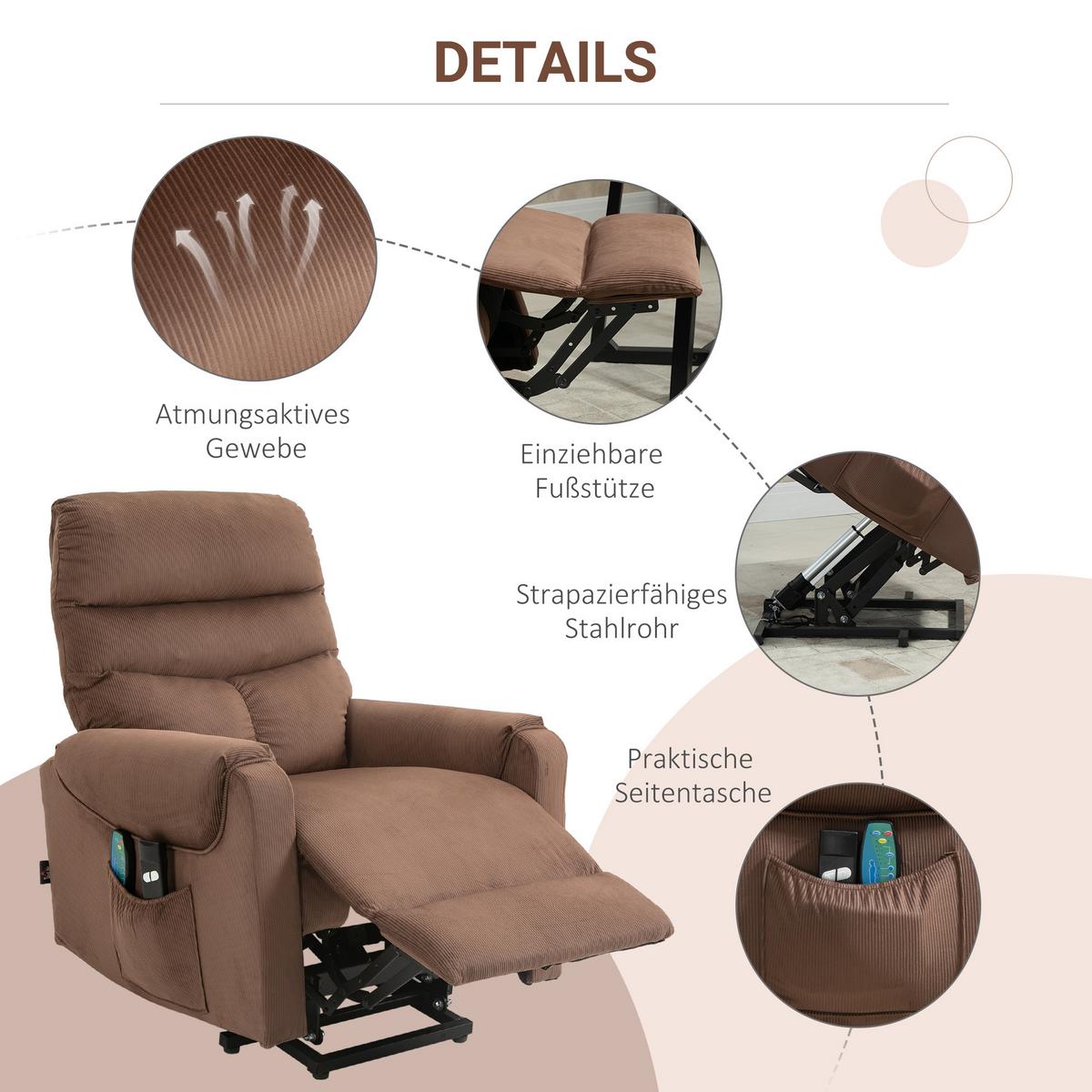 FERNSEHSESSEL Sessel mit Aufstehhilfe mit Massagefunktion Heizung Braun - Schwarz/Braun, Textil/Metall (83/110/93cm) - HOMCOM