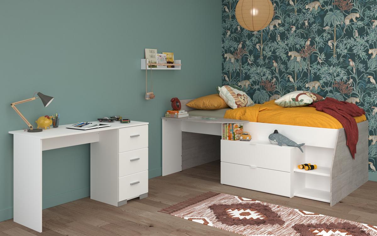 KINDERZIMMER weiß, grau, Set 2-teilig mit Stauraumbett, Schreibtisch - Silberfarben/Weiß, Holzwerkstoff/Kunststoff (135/90/203cm) - Parisot Meuble