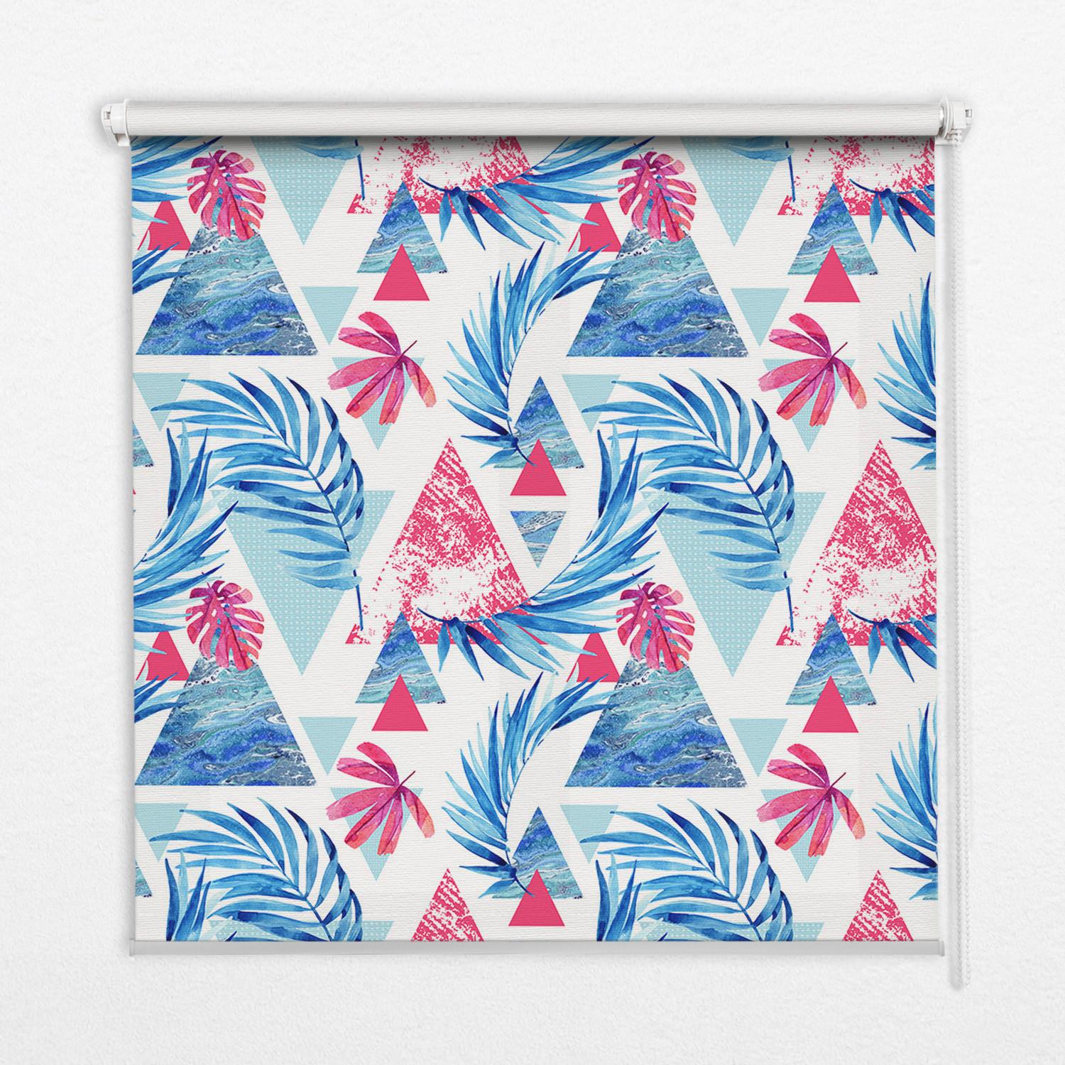 INNENROLLO - Fensterrollo - Rollo - 130x140 cm - Blaue Blätter und Dreiecke - Blau, Kunststoff (130/140/0.5cm) - TULUP