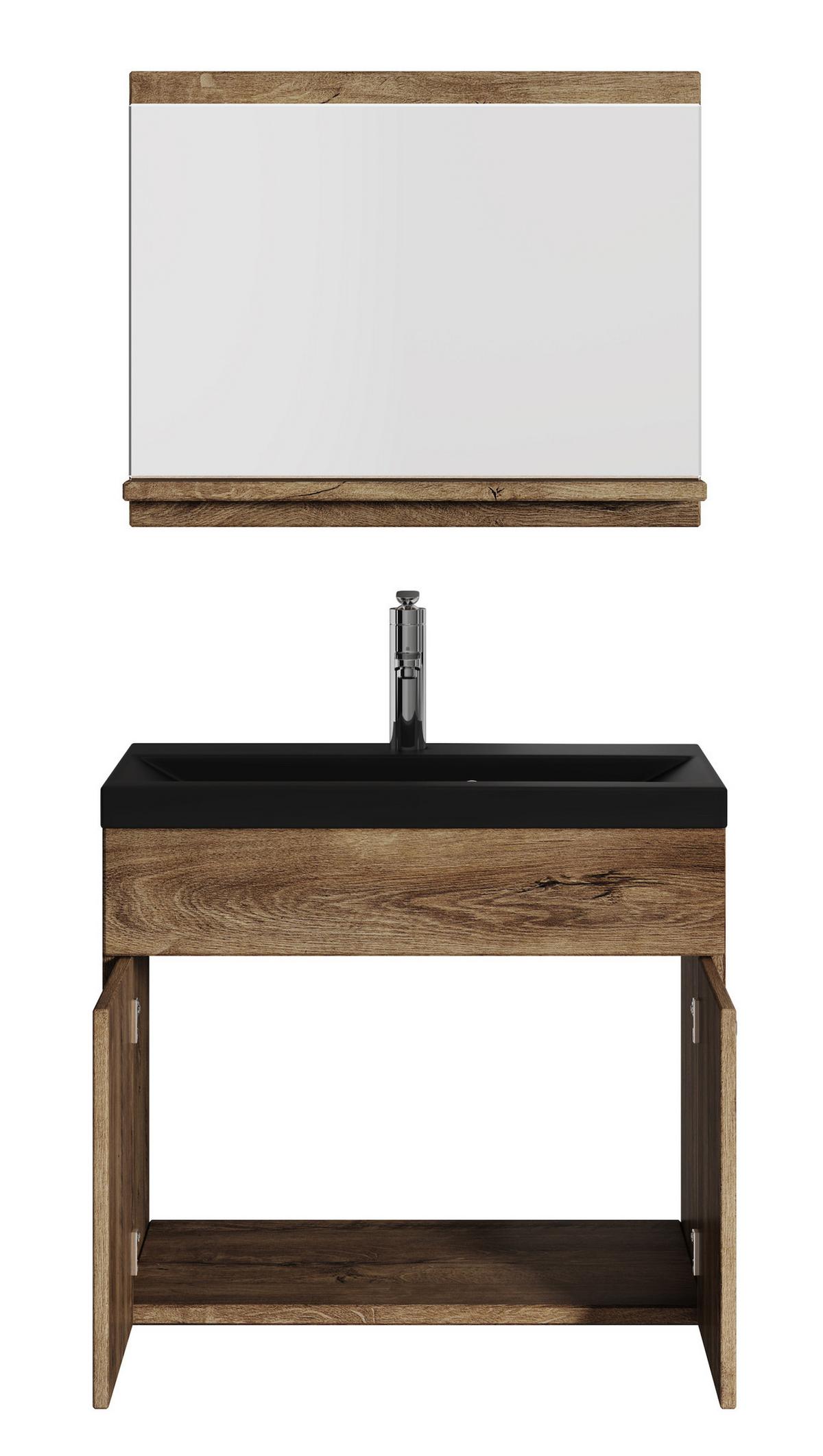 BADMÖBEL-SET Montreal 3 Teile Braun Eiche - Schwarze Waschbecken - 60 x 35 x 51 cm - Eichefarben/Schwarz, Holz (60/51/35cm) - Badplaats
