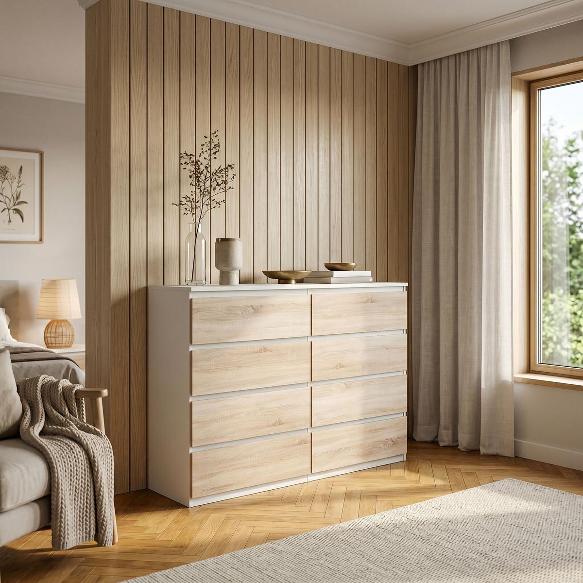 KOMMODE NUDO 138,5/101,5/39cm mit 8 Schubladen Türen Weiß - Weiß/Sonoma Eiche, Holzwerkstoff (138.5/101.5/39cm) - MASSENO