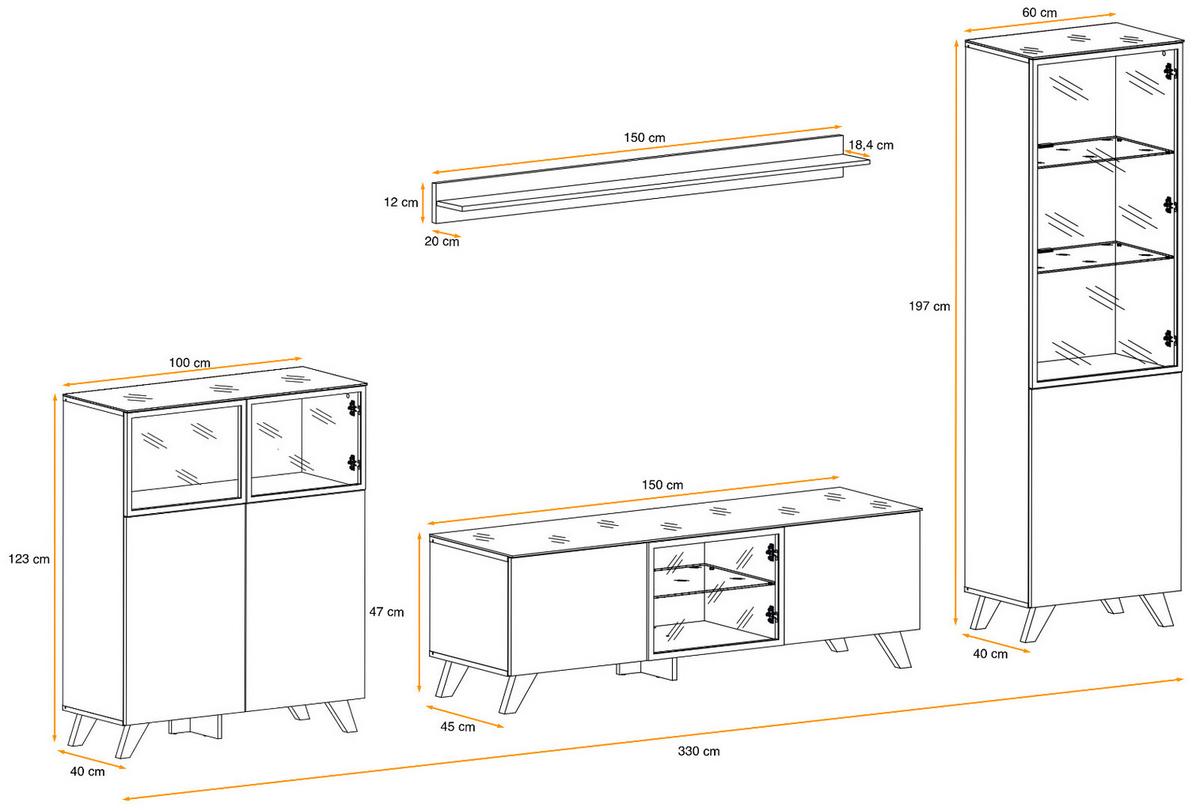 WOHNWAND Wotan Eiche, schwarz 330 cm, Schrankwand mit Kamin, inklusive LED - Eichefarben/Schwarz, Glas/Holz (330/197/45cm) - Inn.Furn