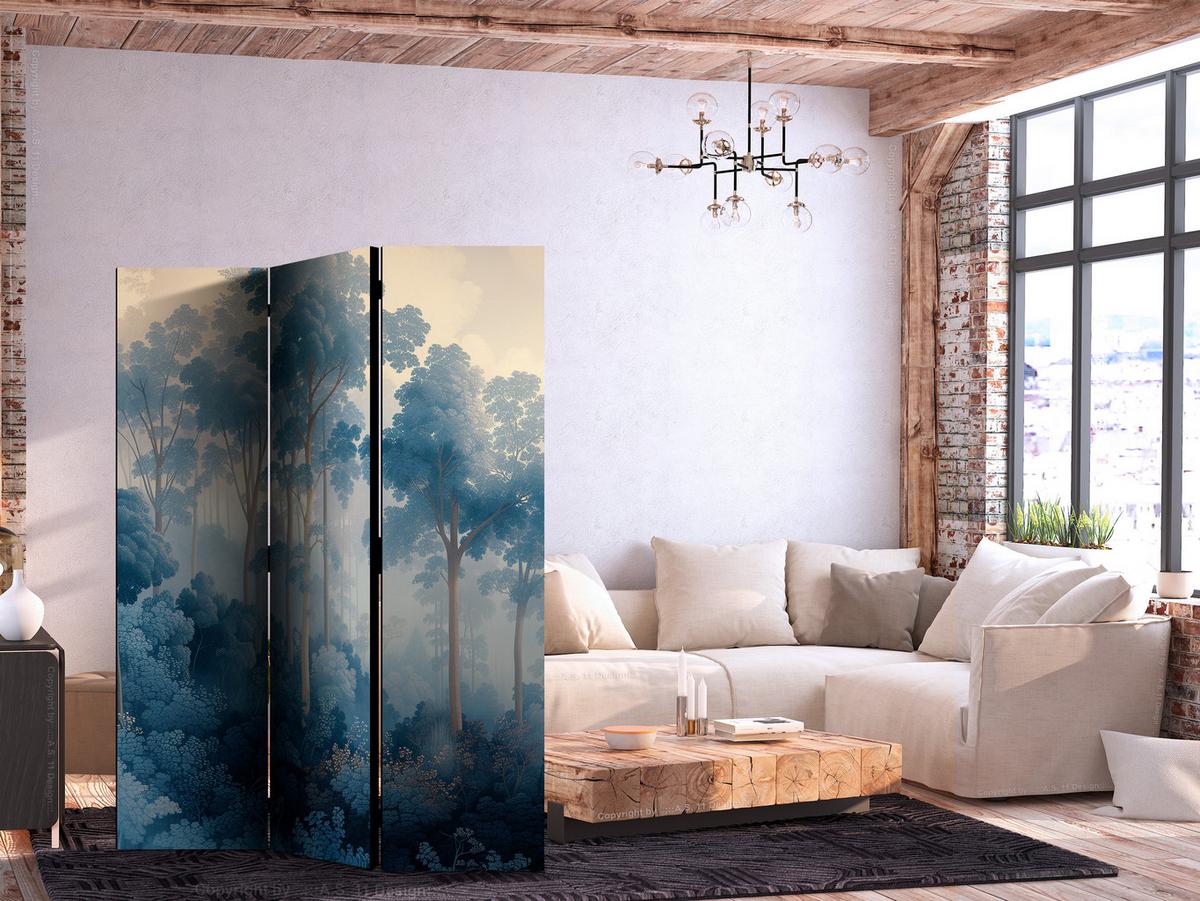 PARAVENT Akustik 3-tlg 135x172 cm Blauer Wald im Nebel - Blau, Holz/Textil (135/172/3cm) - Muralo