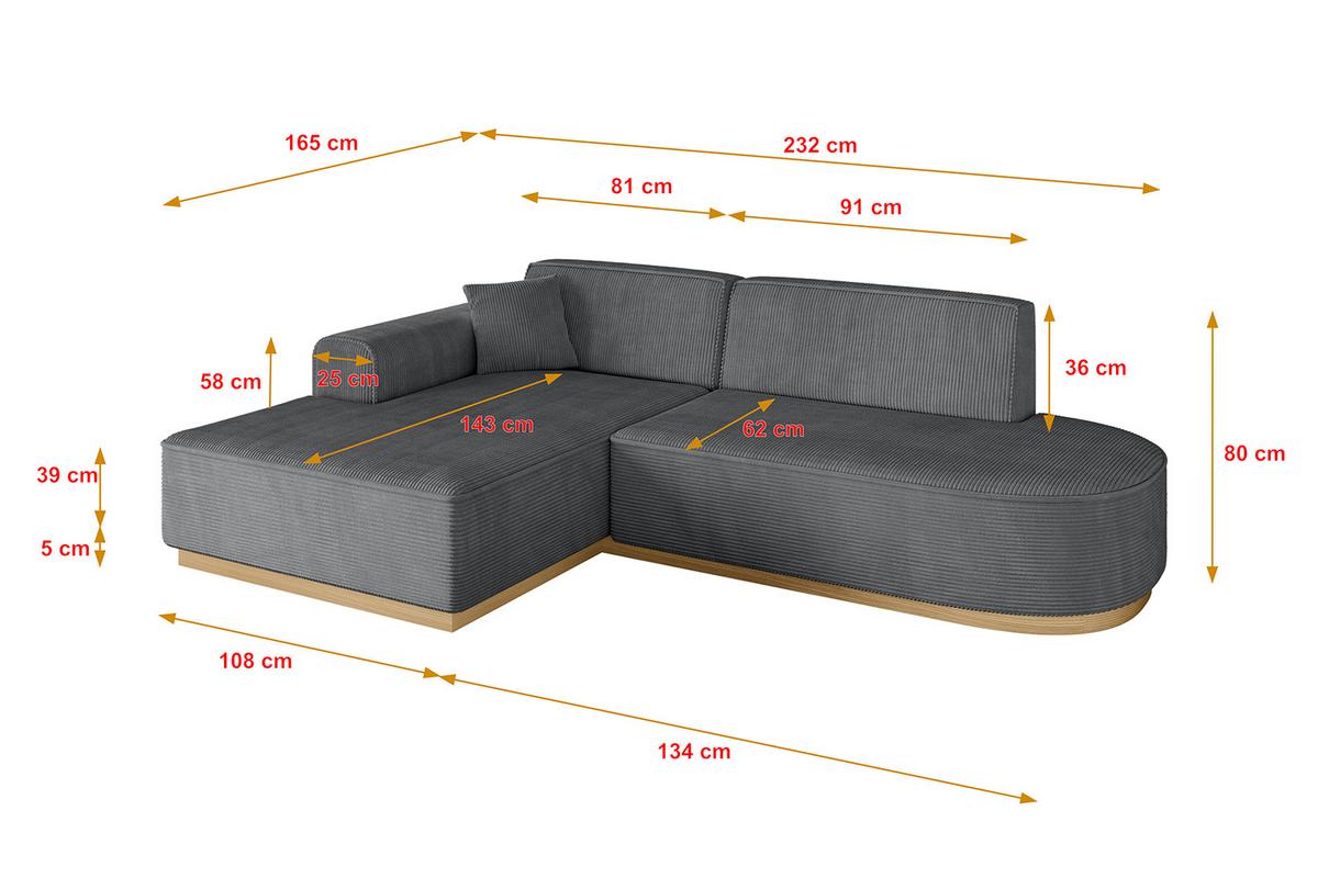 ECKSOFA Ottomane Links IREA-L1-v2 - 232x165x80 cm Duneklgrau - Dunkelgrau, Holzwerkstoff/Textil (232/165cm) - ALTDECOR