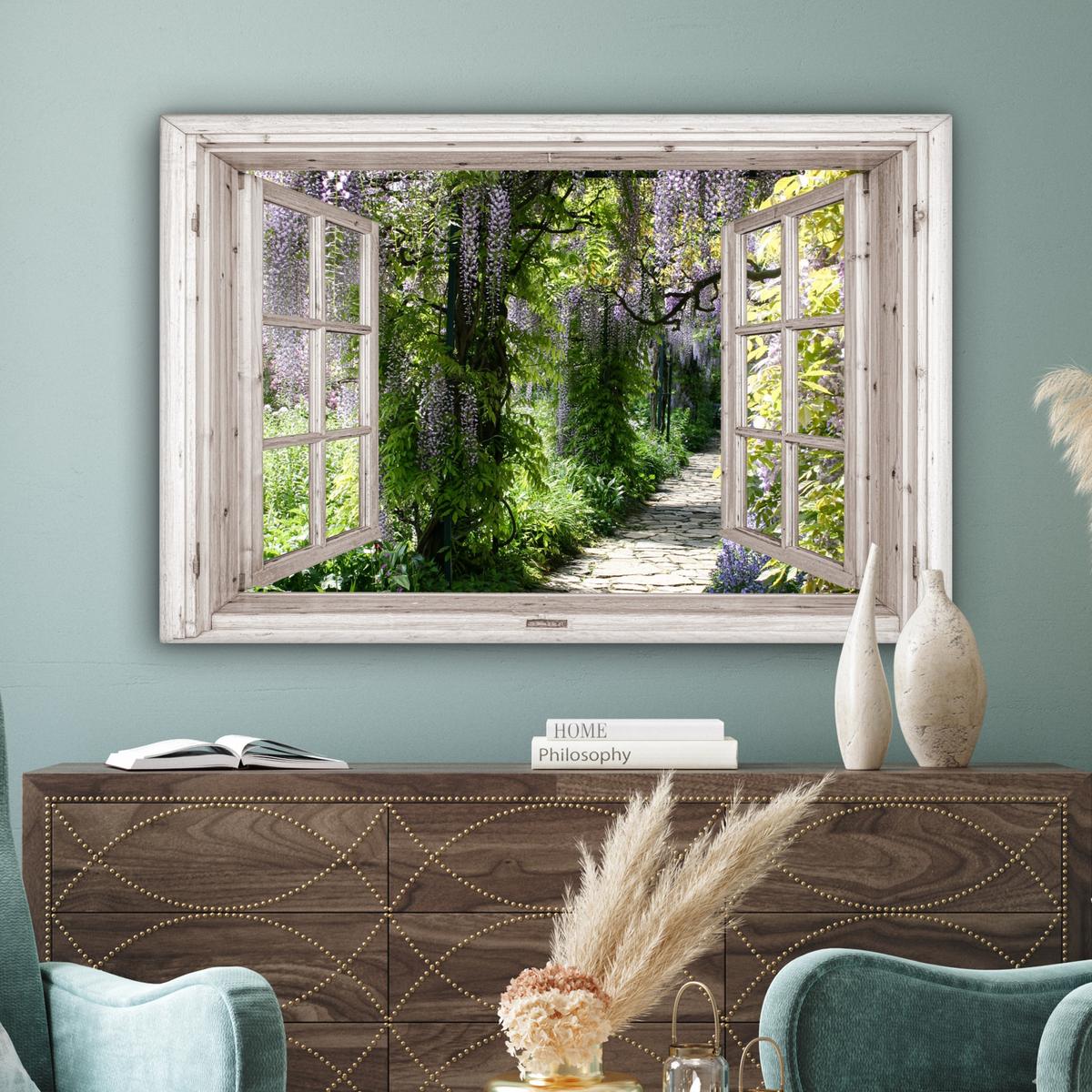 LEINWANDBILD Blauer Regen - Blumen - Aussicht - Baum - Frühling Groß 140x90 cm - Grün, Textil (140/90cm) - MuchoWow