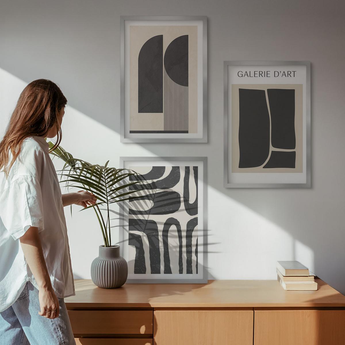 BILDER SET 3er Set - 40x60 cm Silberner Rahmen - Abstrakte minimalistische Poster - Silberfarben, Kunststoff (40/60cm) - TULUP