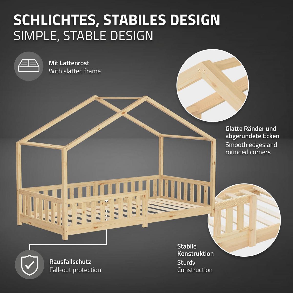 HAUSBETT 90x200 cm Natur aus Kiefernholz mit Rausfallschutz - Beige, Holz (90/200cm) - ML-DESIGN