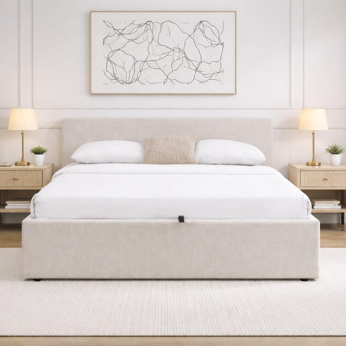 BETT mit Stauraum 140 x 190 cm mit Kopfteil aus grauem Stoff 150/88/205 cm - Grau, Holz (190/140cm) - Calicosy