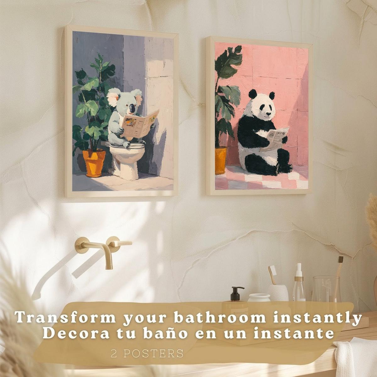 POSTER 2er-Set dekorative Badezimmer-Kunstdrucke und lustige für Wand, Waschbecken, Toilette mit lesenden Tieren im Badezimmer, Stil Rahmenlos A3 - Klar, Papier (42/29.7/3cm) - Nacnic