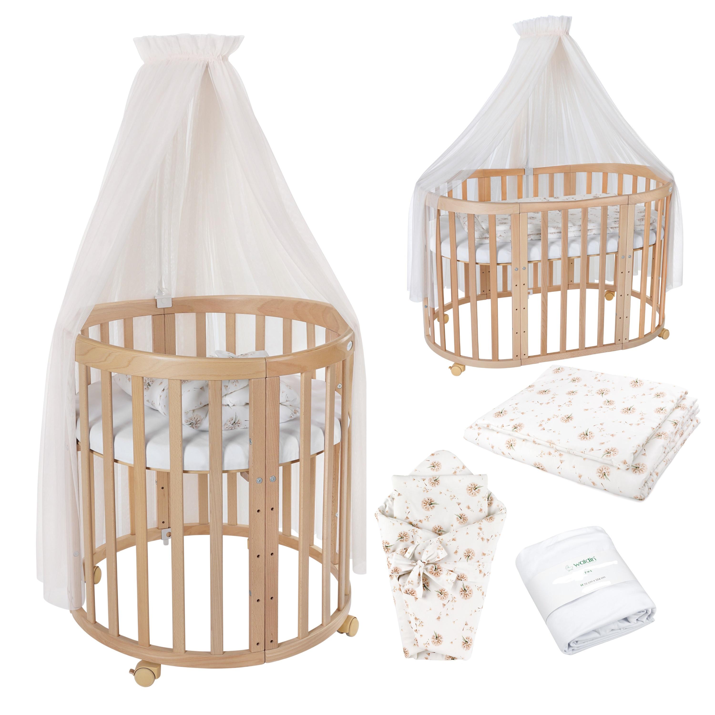 BABYBETT NATUR OVAL 7in1 mit Matratze und Himmelset - Champagner/Naturfarben, Holz/Textil (73/125cm) - waldin