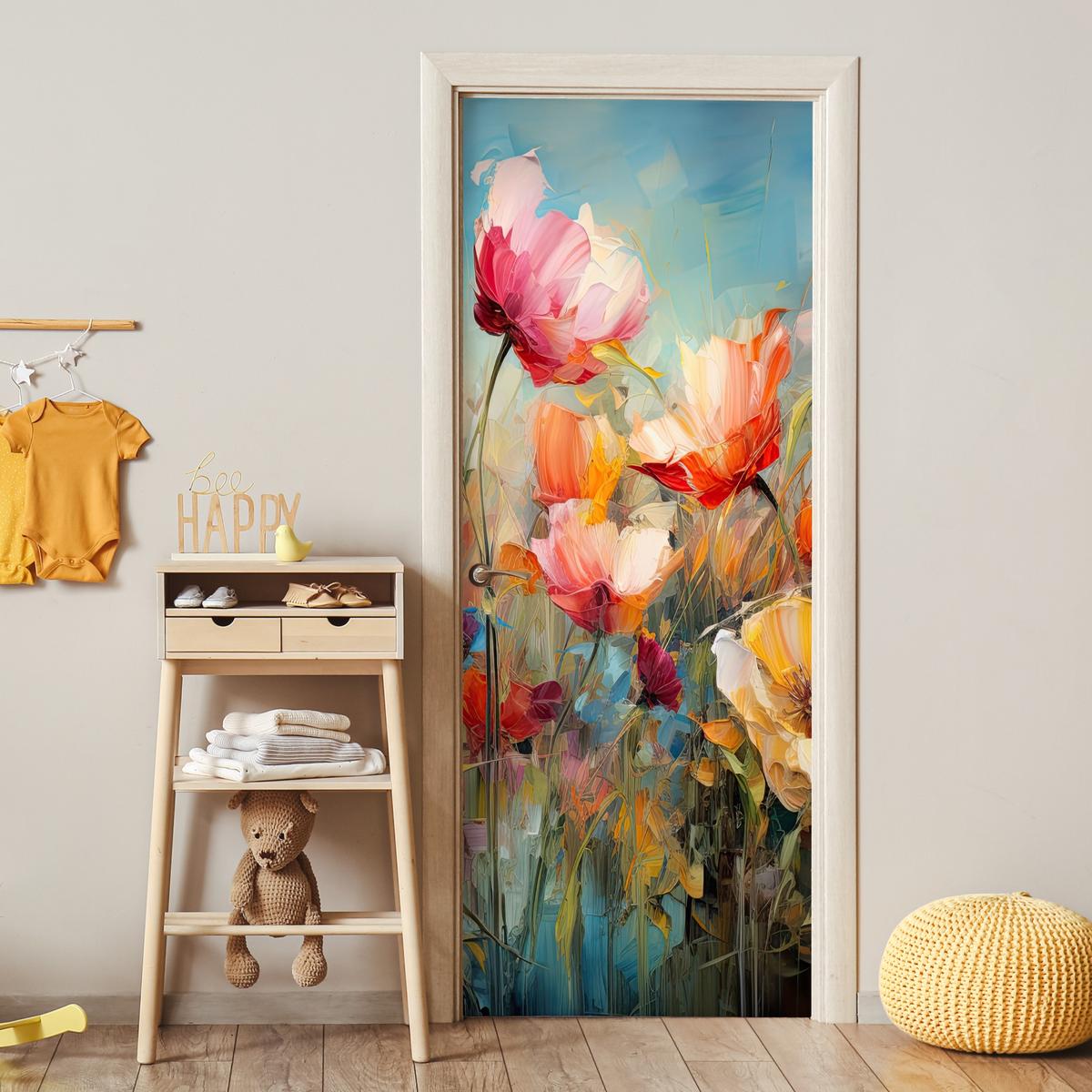 TÜRAUFKLEBER Selbstklebend - Blumen - Aquarell - Kunst - Botanisch - Natur 95x235 cm - Türtapete - Orange, Kunststoff (95/235cm) - MuchoWow