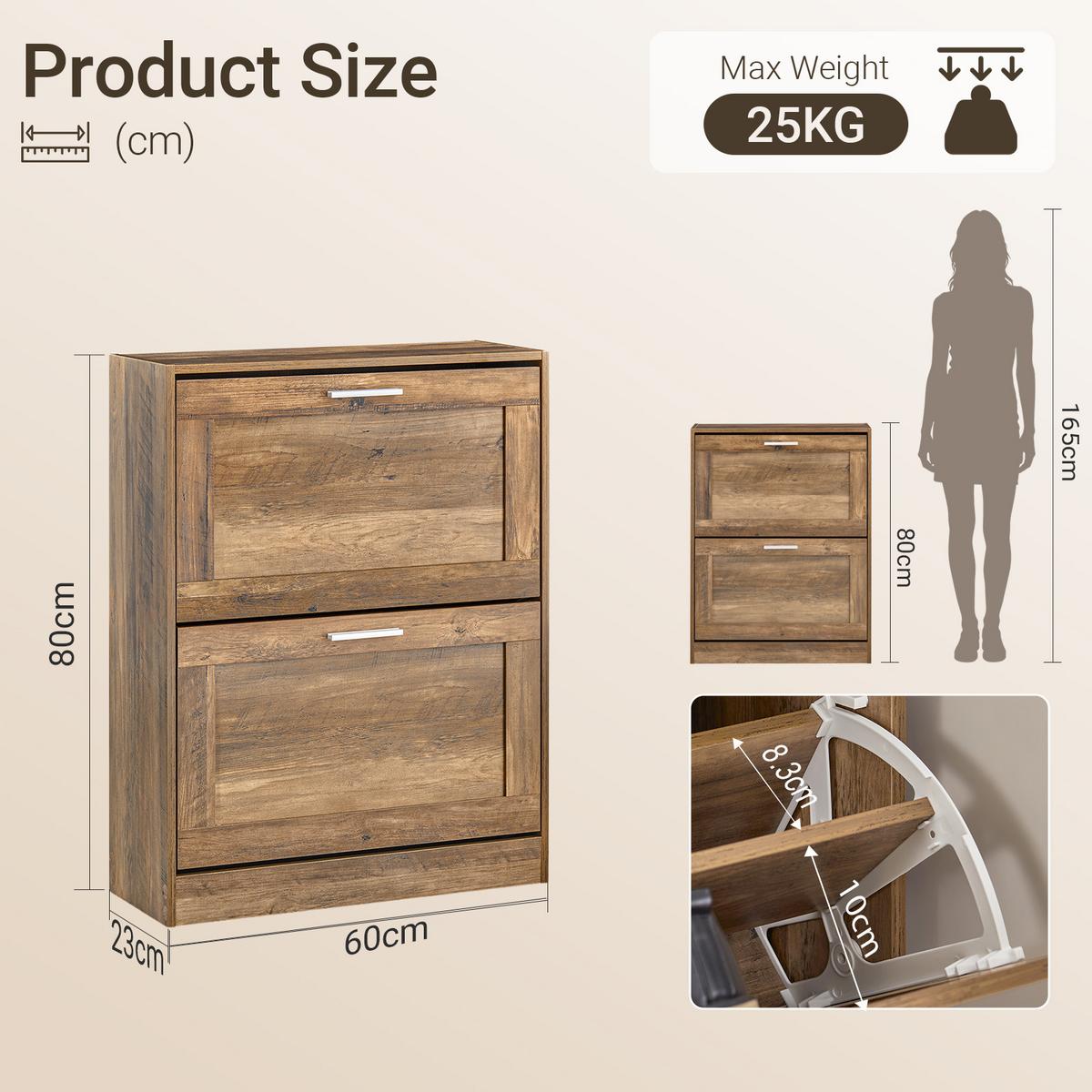 SCHUHSCHRANK Braun, 23 cm tief, 79 cm hoch, 2 Klappen, Einlegeboden verstellbar, ca. 8 Paar Schuhe, für Flur und Diele - Braun/Weiß, Holzwerkstoff/Metall (60/79/23cm) - SoBuy