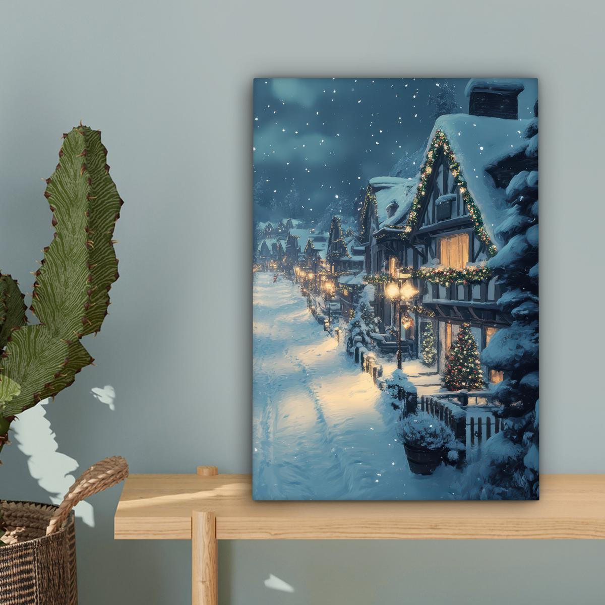 LEINWANDBILD Weihnachtsdorf - Weihnachten - Schnee - Winter Deko Wohnzimmer 20x30 cm - Dunkelblau, Textil (20/30cm) - MuchoWow