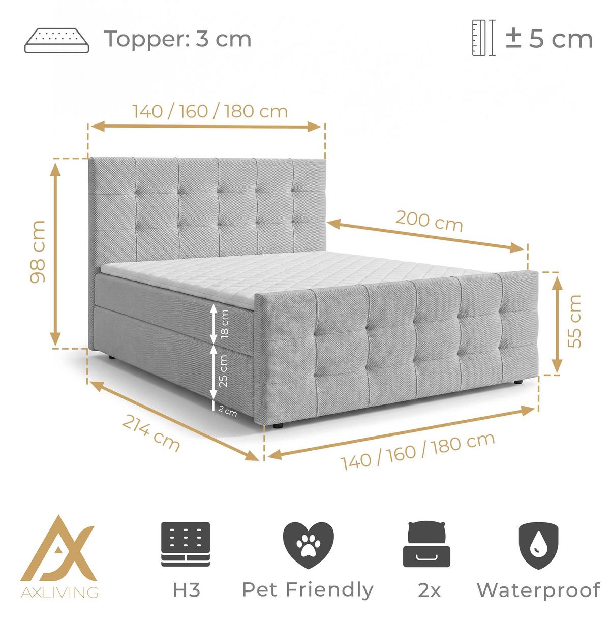 BOXBETT DEFNE 140x200 cm mit Fußteil und Matratze - Hellgrau + TOPPER - Hellgrau/Schwarz, Holz/Holzwerkstoff (140/200cm) - AX Living