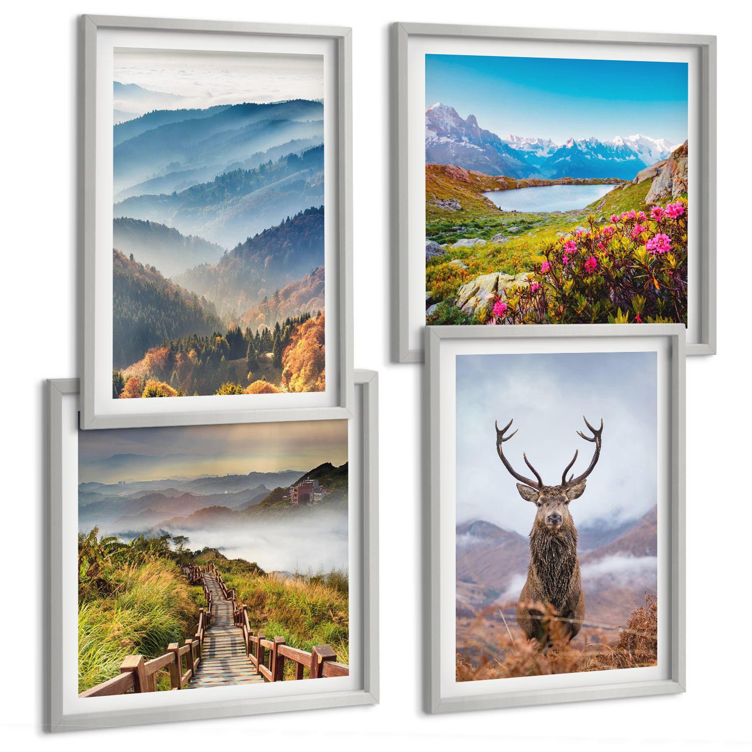 BILDER SET 4er Set - 50x50 cm & 40x60 cm Silberner Rahmen - Berglandschaft, See, Hirsche - Silberfarben, Kunststoff (50/50cm) - TULUP