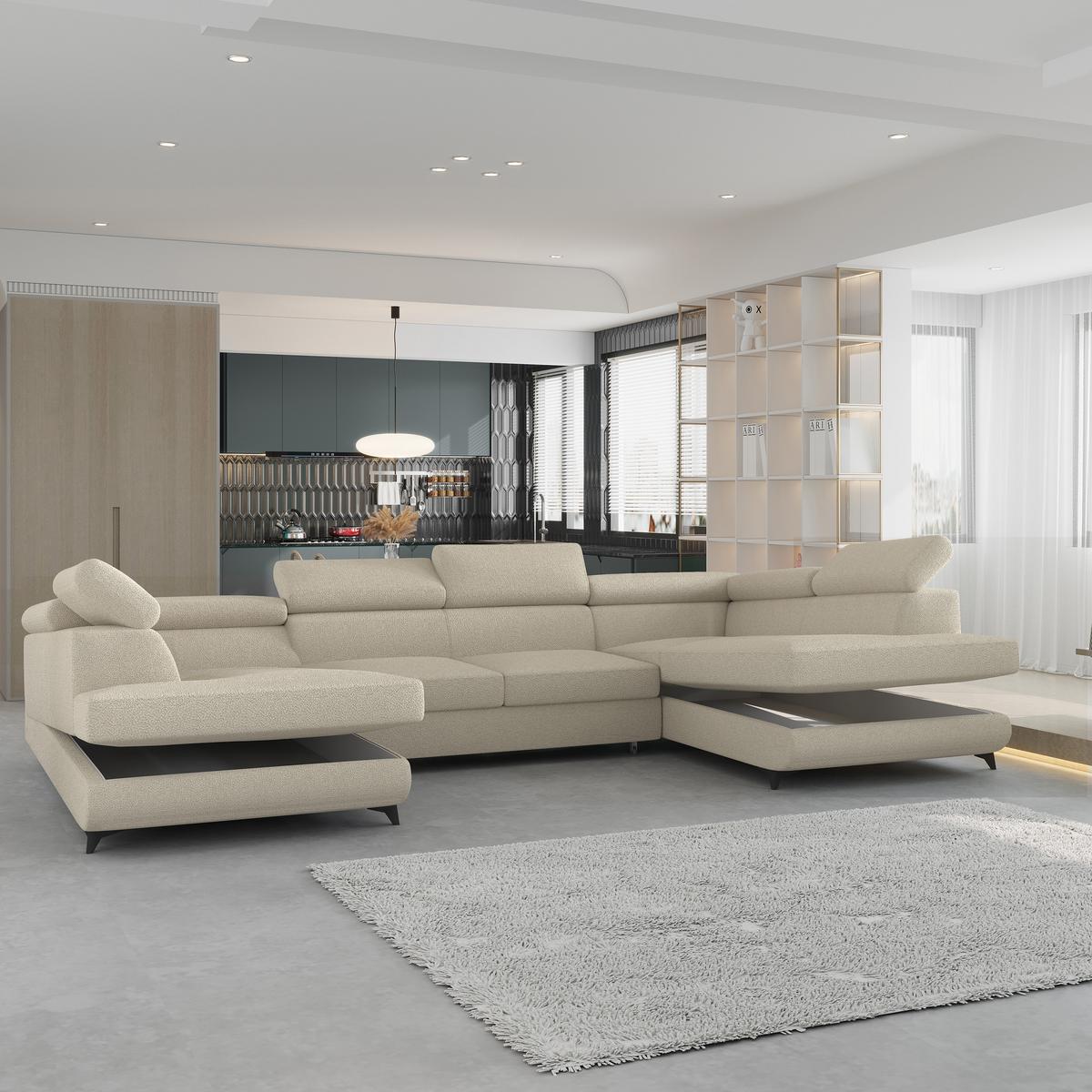 WOHNLANDSCHAFT VINTESSA Creme Boucle-Stoff mit Schlaffunktion - Creme, Holz (323/89/190cm) - MASSENO