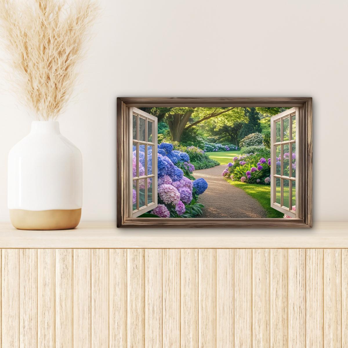 LEINWANDBILD Aussicht - Garten - Fenster - Hortensie - Blumen Deko Schlafzimmer 30x20 cm - Pastellblau, Textil (30/20cm) - MuchoWow