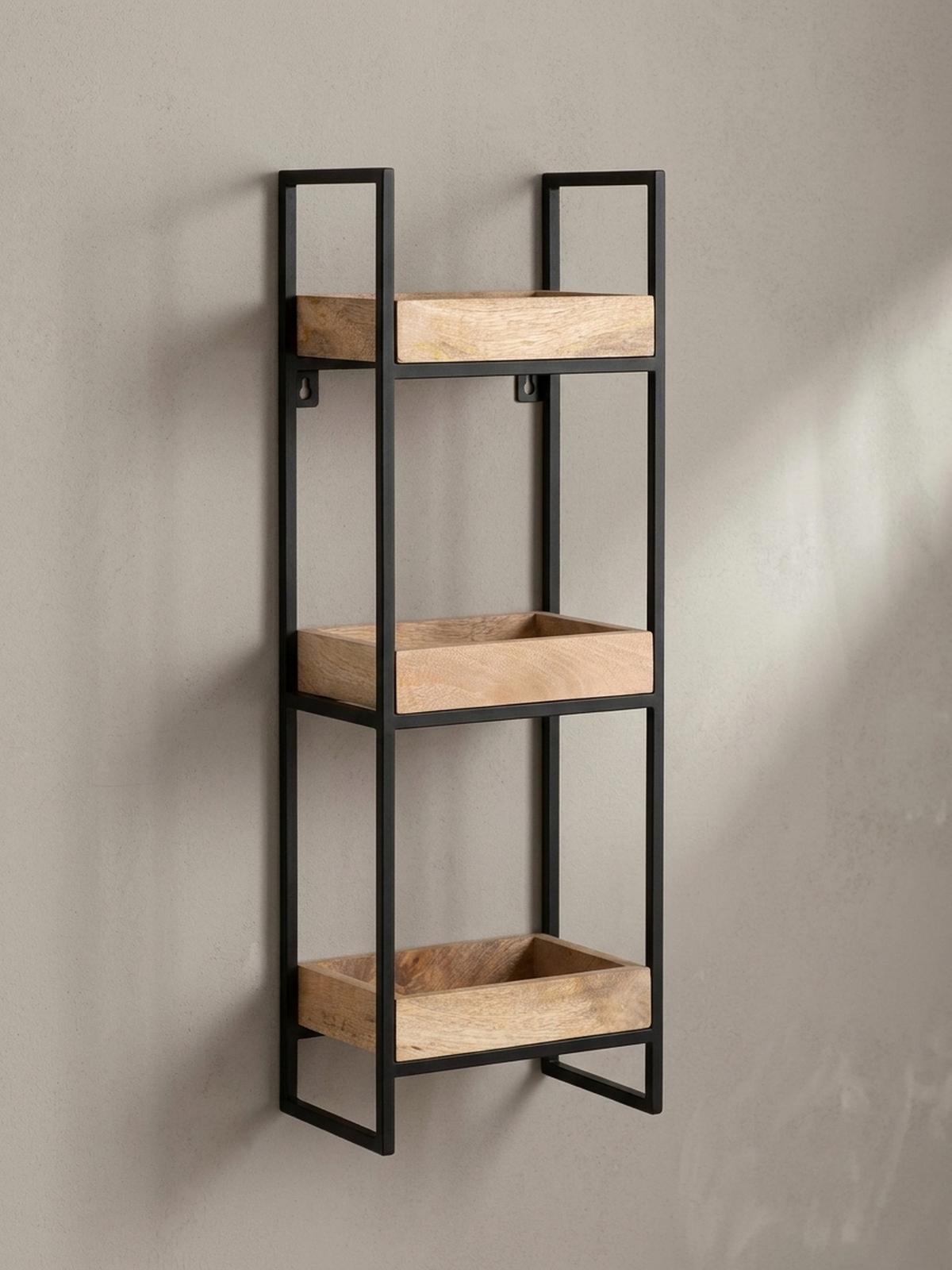 WANDREGAL Mango Massivholz Metall Industrial Stil 27x77x18 cm Rechteckig mit 3 Ablagen - Schwarz/Braun, Holz (27/77/18cm) - KADIMA DESIGN