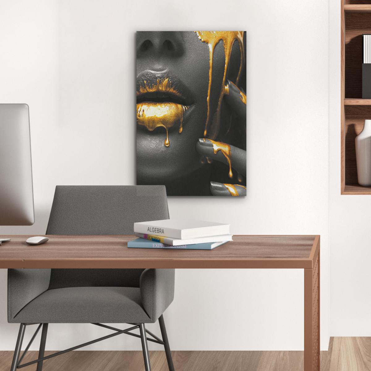 AKUSTIKBILD Frau - Schwarz - Gold - Gesicht - Lippen Kunstdruck Schlafzimmer 50x70 cm - Goldfarben, Kunststoff (50/70/0.9cm) - MuchoWow
