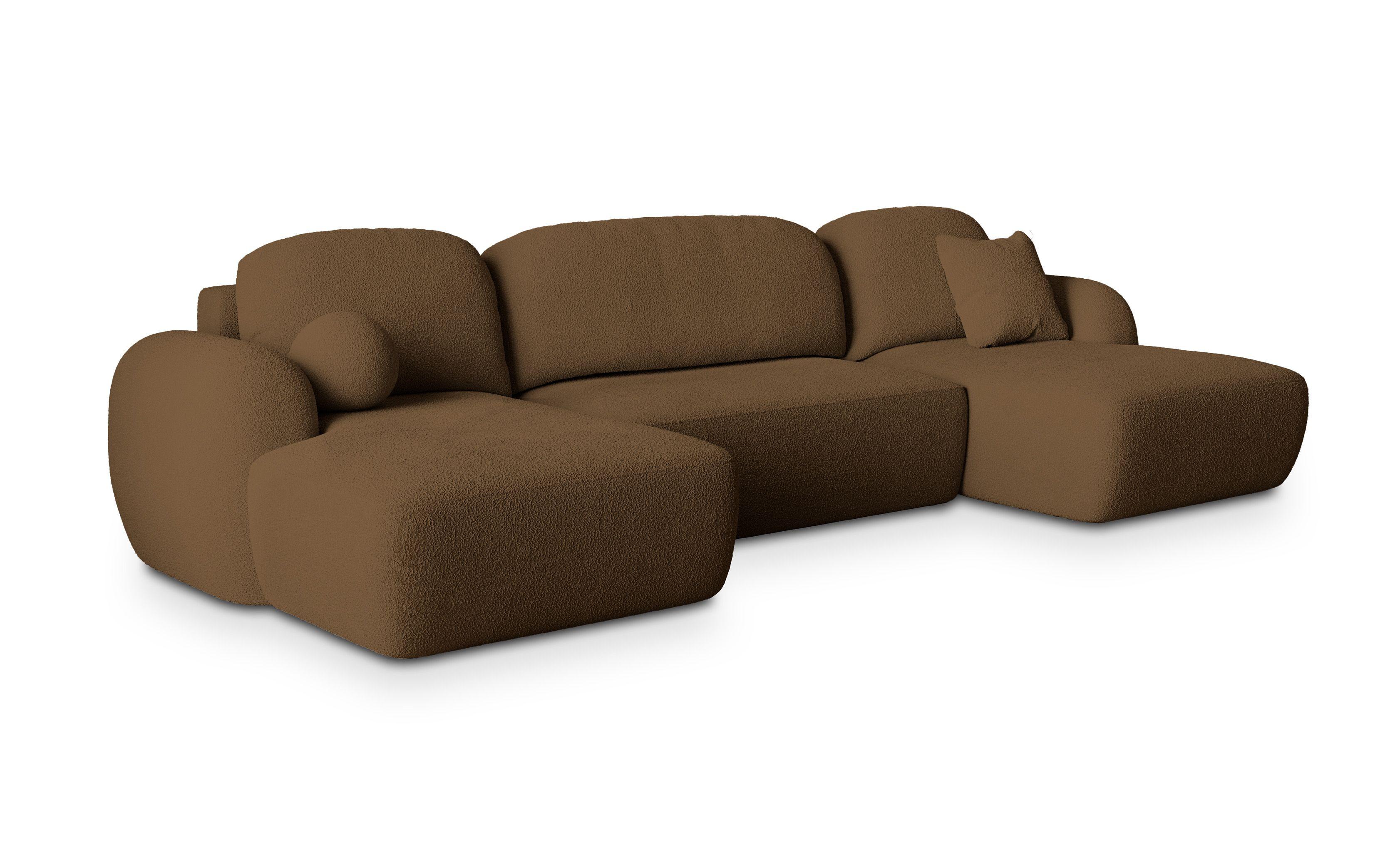 WOHNLANDSCHAFT SAVONA N Braun Boucle-Stoff mit Schlaffunktion - Schwarz/Braun, Holz/Kunststoff (320/90/148cm) - MASSENO