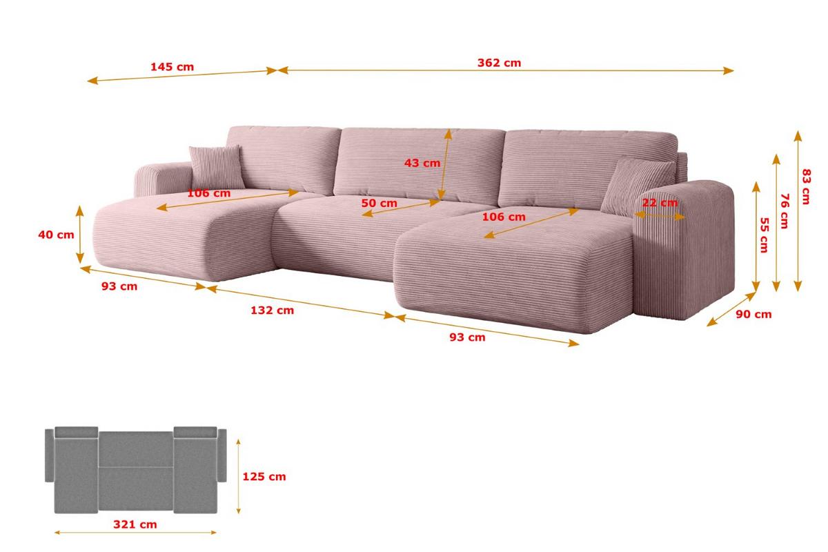 WOHNLANDSCHAFT mit Schlaffunktion und Bettkasten ORRO-U - 362x145x83 cm Rosa Cord - Schwarz/Rosa, Holzwerkstoff/Kunststoff (362/83/145cm) - ALTDECOR