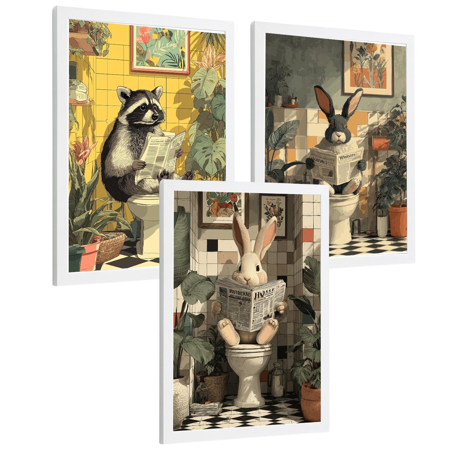 POSTER 3er-Set Tierdrucke im Badezimmer, lustige Waschbär- und Kaninchen-Dekorationsbilder im modernen Vintage-Stil für und Toilette Weißer Rahmen A4 - Weiß, Papier (29.7/21/3cm) - Nacnic
