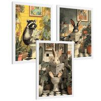 POSTER 3er-Set Tierdrucke im Badezimmer, lustige Waschbär- und Kaninchen-Dekorationsbilder im modernen Vintage-Stil für und Toilette Weißer Rahmen A4 - Weiß, Papier (29.7/21/3cm) - Nacnic