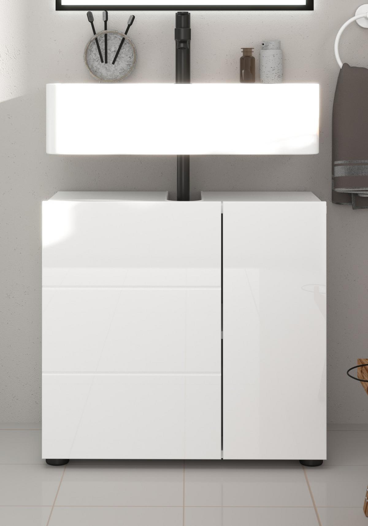 WASCHBECKENUNTERSCHRANK weiß Hochglanz 60 cm, Bad Unterschrank 2-türig - Weiß Hochglanz/Schwarz, Holzwerkstoff/Kunststoff (60/56/34cm) - Inn.Furn