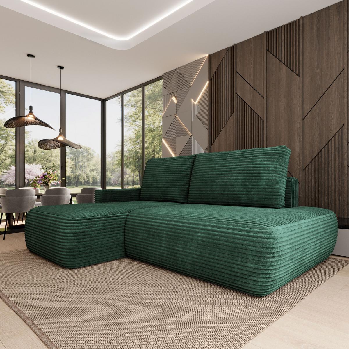 ECKSOFA AVINI T L-S Grün Kordstoff mit Schlaffunktion - Grün, Holzwerkstoff/Textil (277/160cm) - MASSENO