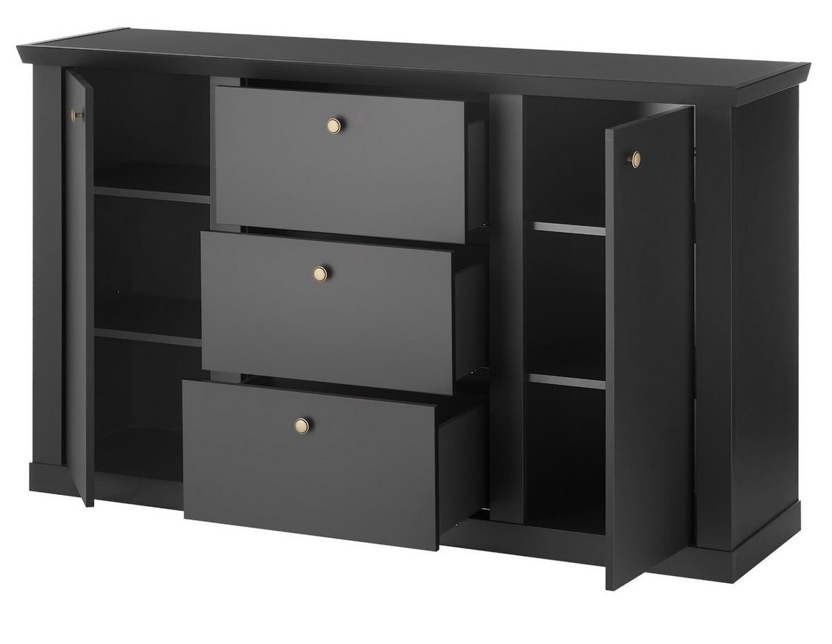 SIDEBOARD schwarz matt, Eiche Landhaus 158 cm, Kommode mit Soft-Close - Eichefarben/Messingfarben, Holzwerkstoff/Metall (158/92/42cm) - Furn.Design