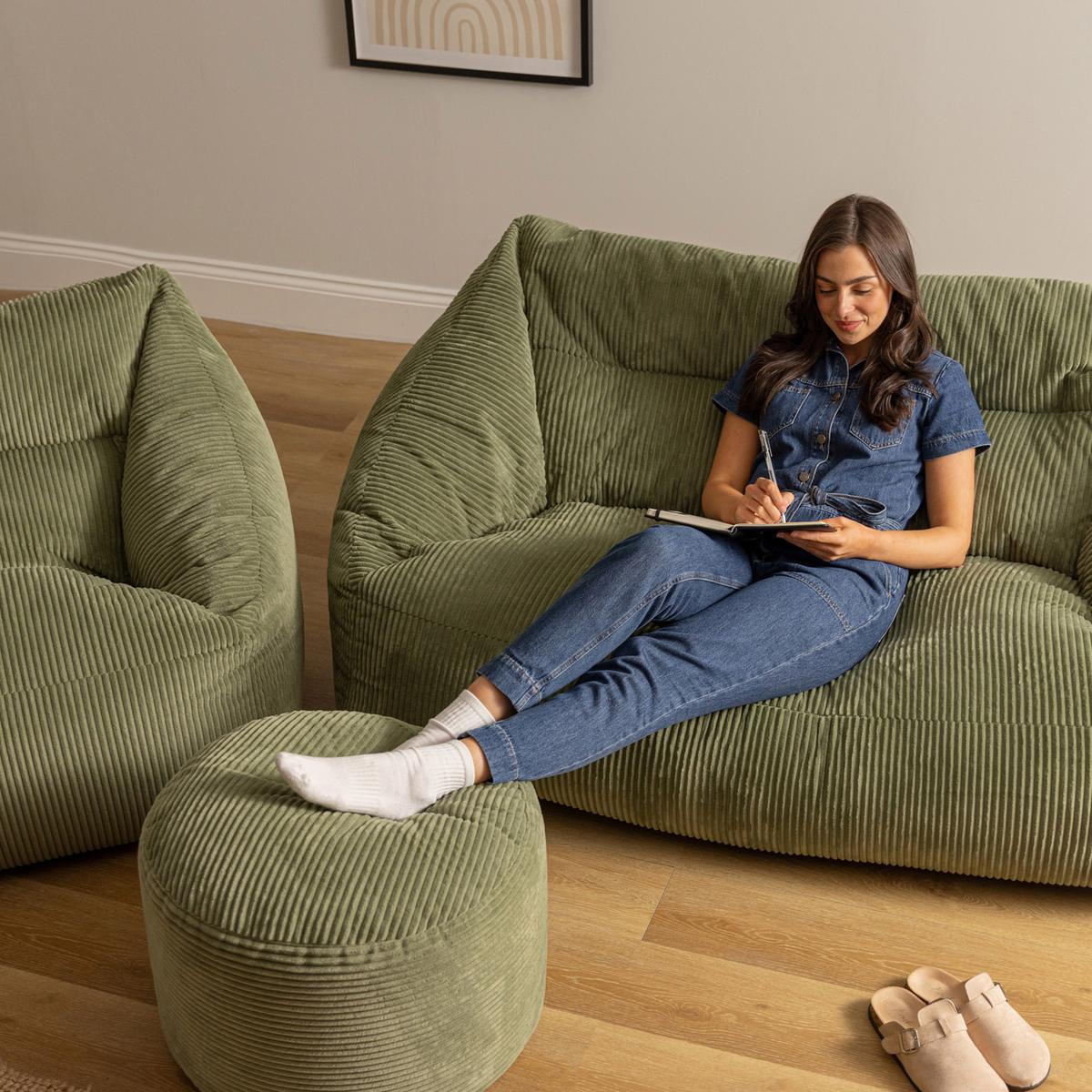 SITZSACK Sofa mit Sessel und rundem Hocker Cecilia - Salbeigrün, Textil (160/35/93cm) - icon