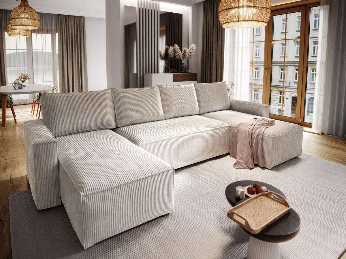 WOHNLANDSCHAFT ASPRA Creme Kordstoff mit Schlaffunktion - Creme/Grau, Holz/Kunststoff (295/85/140cm) - MASSENO