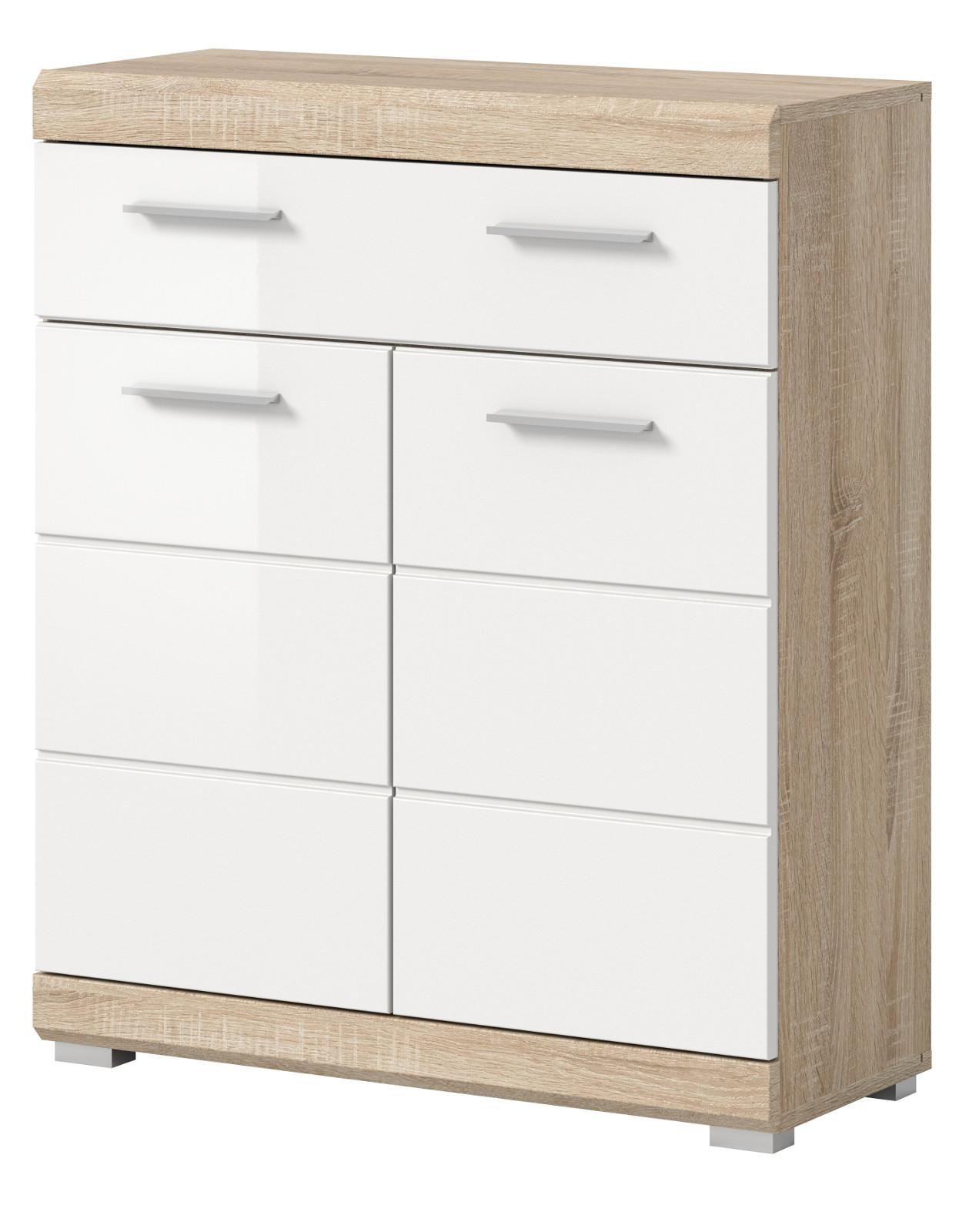 KOMMODE weiß Hochglanz, Eiche 74 x 88 cm, Badschrank mit Vollauszug - Weiß Hochglanz/Eichefarben, Holzwerkstoff/Kunststoff (74/88/31cm) - Inn.Furn