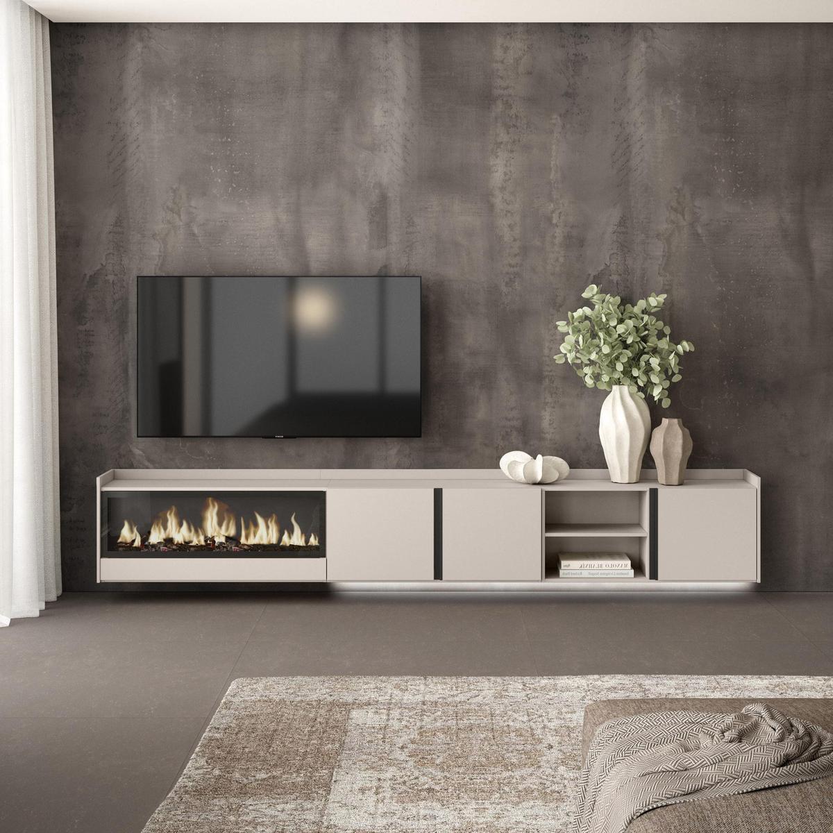 LOWBOARD, Beige, 315/35/50cm, Kamin mit Feuereffekt XXL - Beige, Holzwerkstoff (315/50/35cm) - Skraut Home