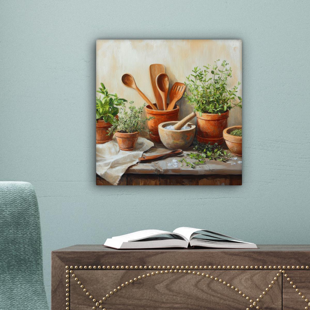 LEINWANDBILD Töpfe - Kräuter - Holz Deko Wohnzimmer 20x20 cm - Terracotta, Textil (20/20cm) - MuchoWow