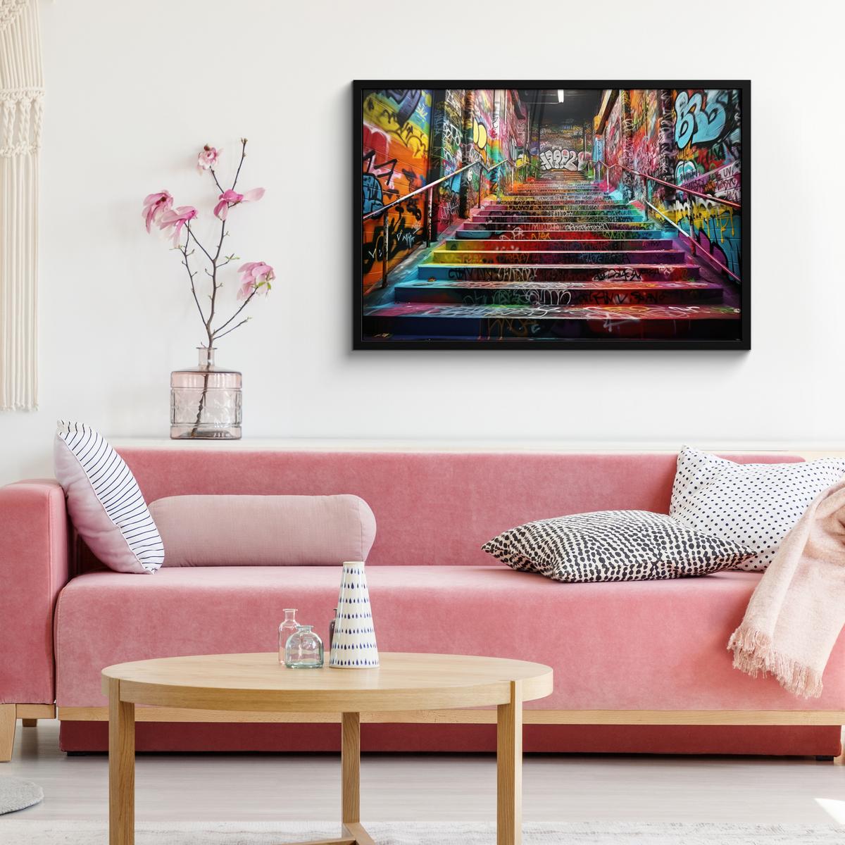 POSTER MIT RAHMENGERAHMTES BILD Treppe - Graffiti - Farben - Kunst 90x60 cm - Multicolor, Papier (90/60cm) - MuchoWow