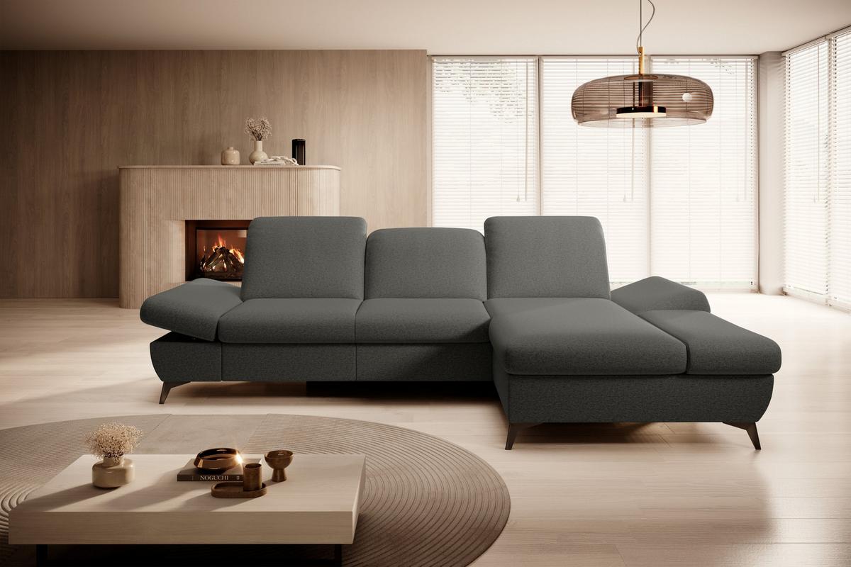 ECKSOFA FELICE R-S Grau Geflochtener Stoff mit Schlaffunktion - Grau, Holz (284/166cm) - MASSENO