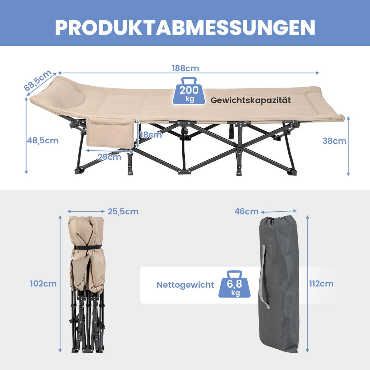 CAMPINGLIEGE Klappbare Khaki - Braun, Metall - COSTWAY