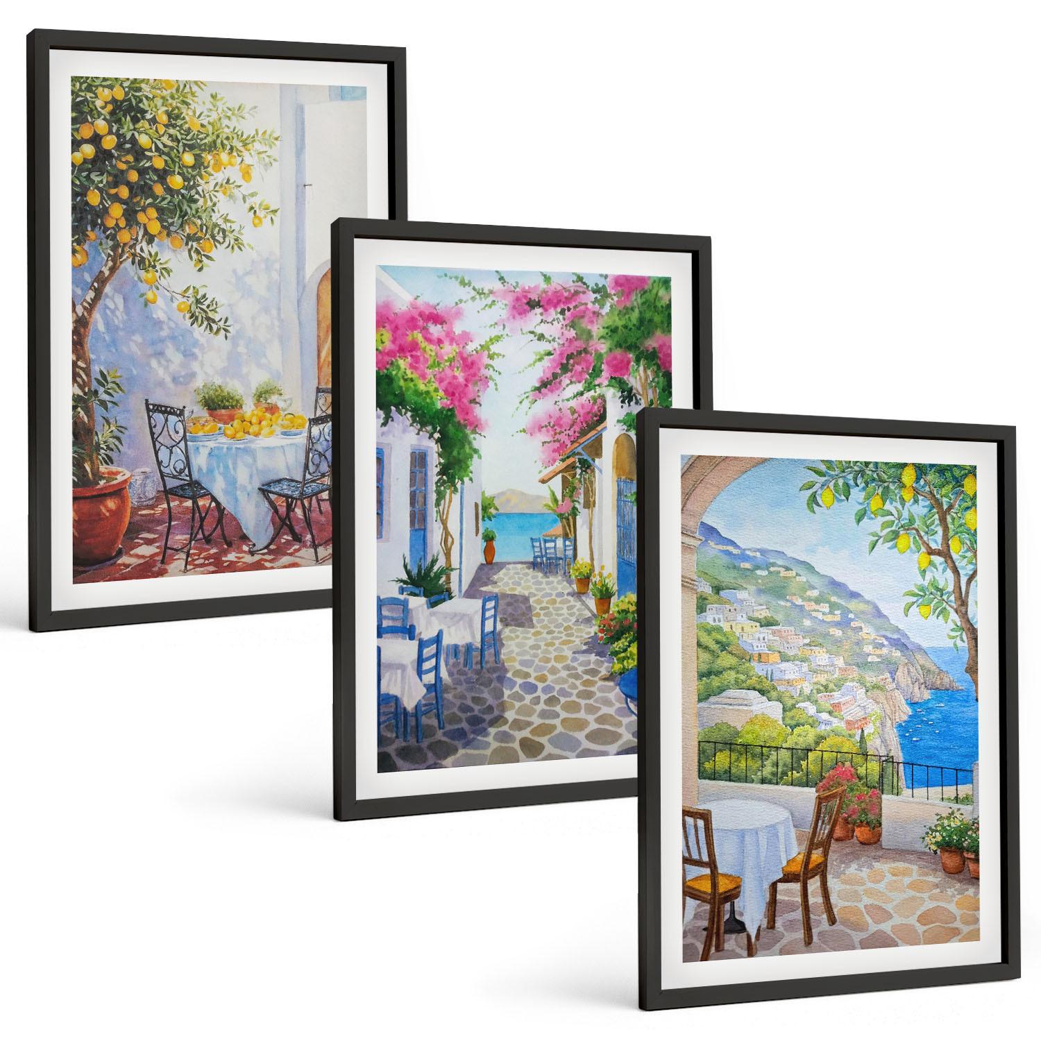 BILDER SET 3er Set - 40x60 cm Schwarzer Rahmen - Charmante Straßen, Pflanzen, Meer - Schwarz, Kunststoff (40/60cm) - TULUP