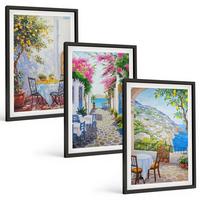 BILDER SET 3er Set - 40x60 cm Schwarzer Rahmen - Charmante Straßen, Pflanzen, Meer - Schwarz, Kunststoff (40/60cm) - TULUP