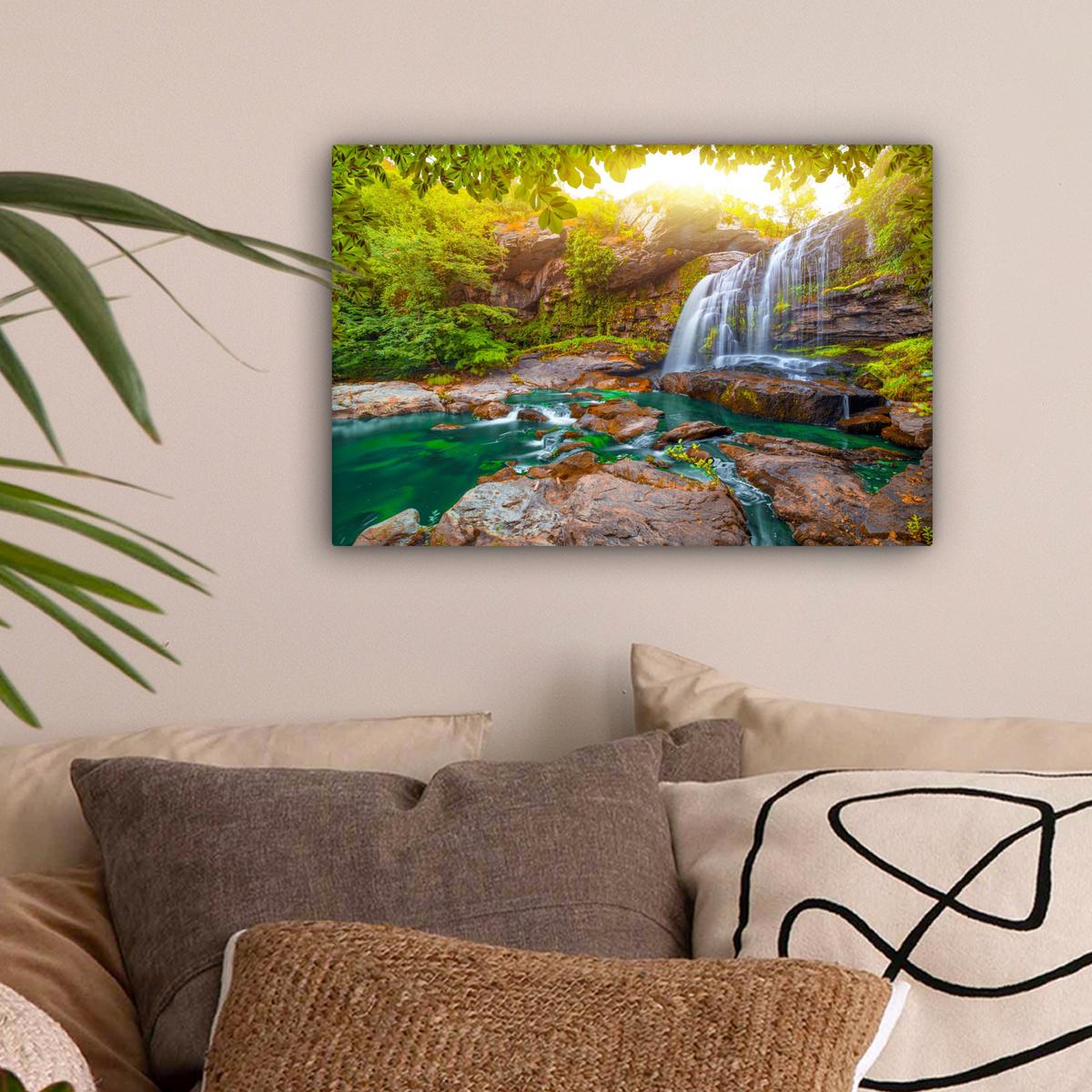 LEINWANDBILD Natur - Wasserfall - Pflanzen - Bäume - Sonne Deko Schlafzimmer 30x20 cm - Olivgrün, Textil (30/20cm) - MuchoWow